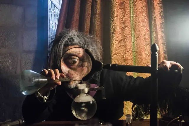 Period character with a magnifying glass in Amplifon's La Gran Peste experience